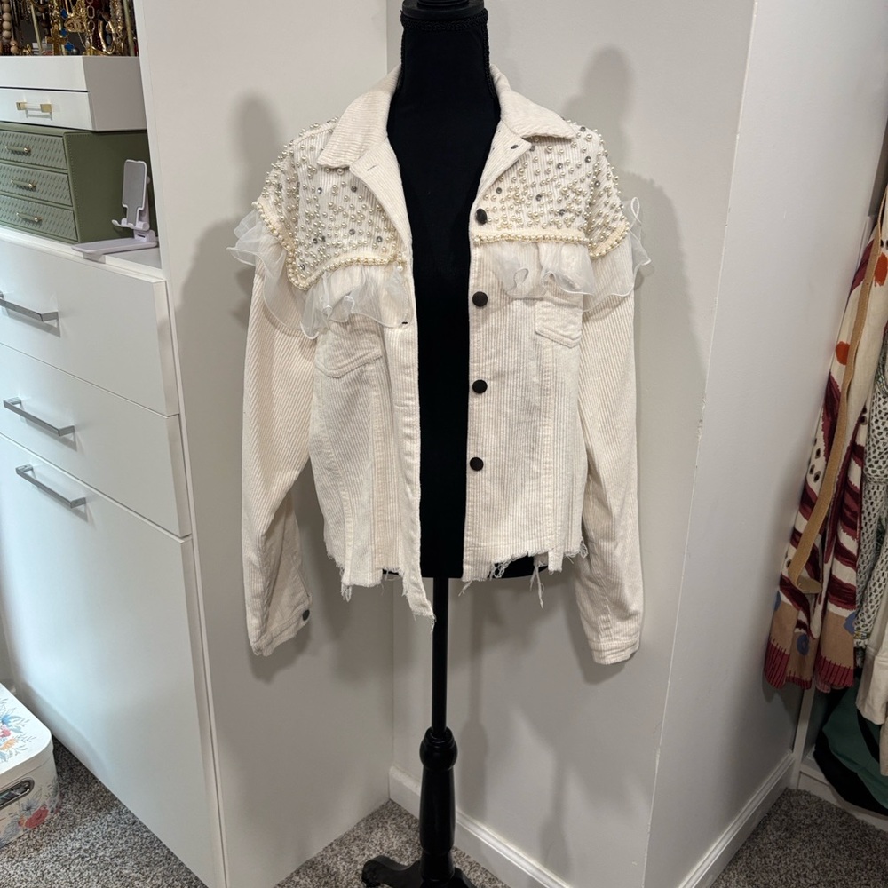 POL Cream Jean Jacket with Pearl Embellishments - Picture 5 of 8